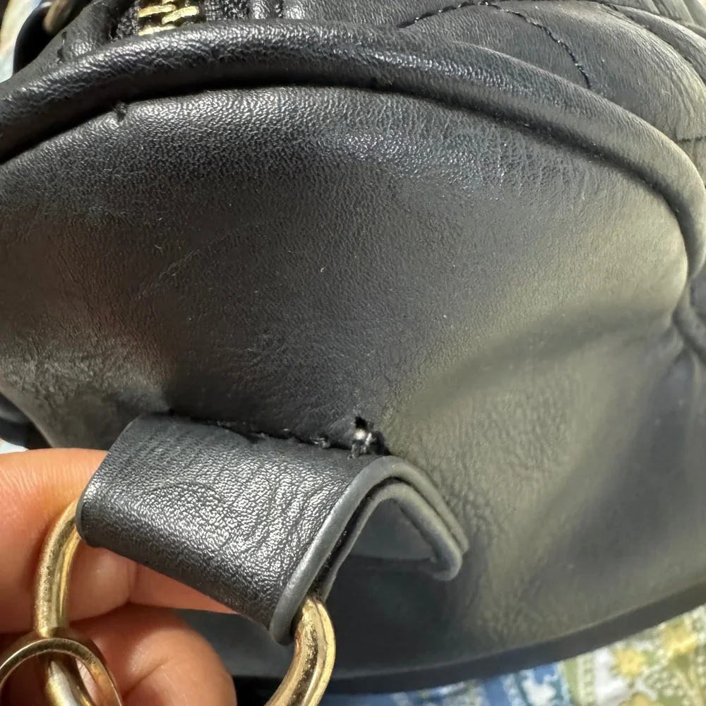 Mango Quilted Black Faux Leather Satchel Handbag Gold Hardware Crossbody Strap‎